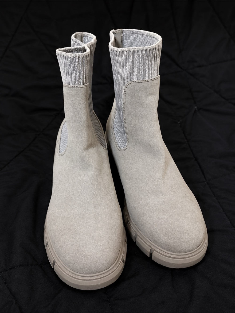 Women's Light Taupe Suede Sock Booties with Ribbed Ankle